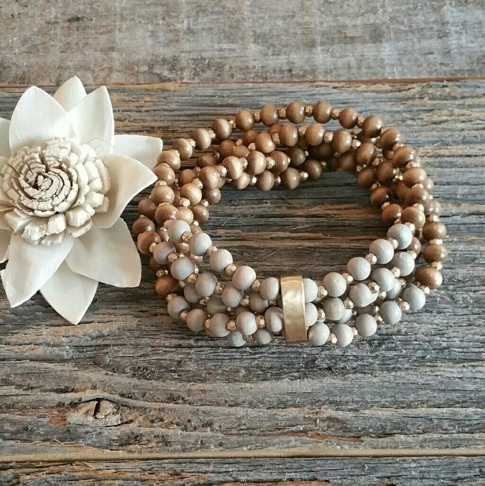 Gray & Brown Multi Wood Bead Stretch Bracelet